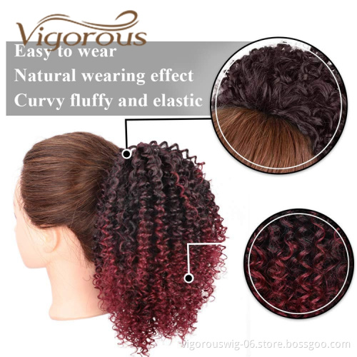 Vigorous Best Selling Ombre Burgundy Dark Root Kinky Curly Heat Resistant Fiber Drawstring Synthetic Ponytail Hair Extension